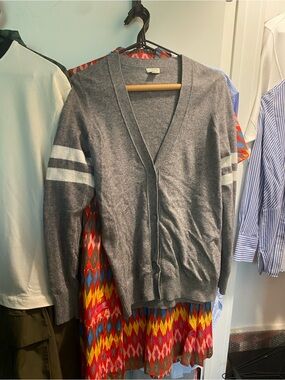 J. Crew Factory Gray V-Neck Cardigan with White Sleeve Stripes